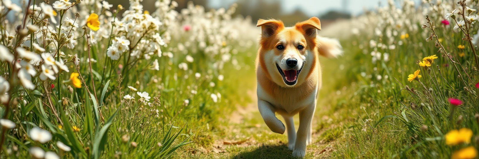A light brown and white dog with a bushy tail joyfully trots down a path flanked by vibrant wildflowers in full bloom